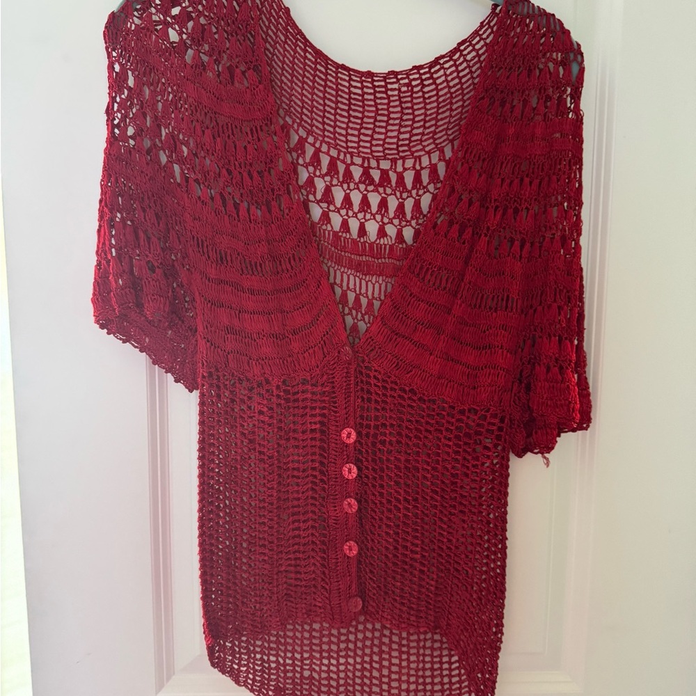 Vintage Red Crochet Button-Up Top